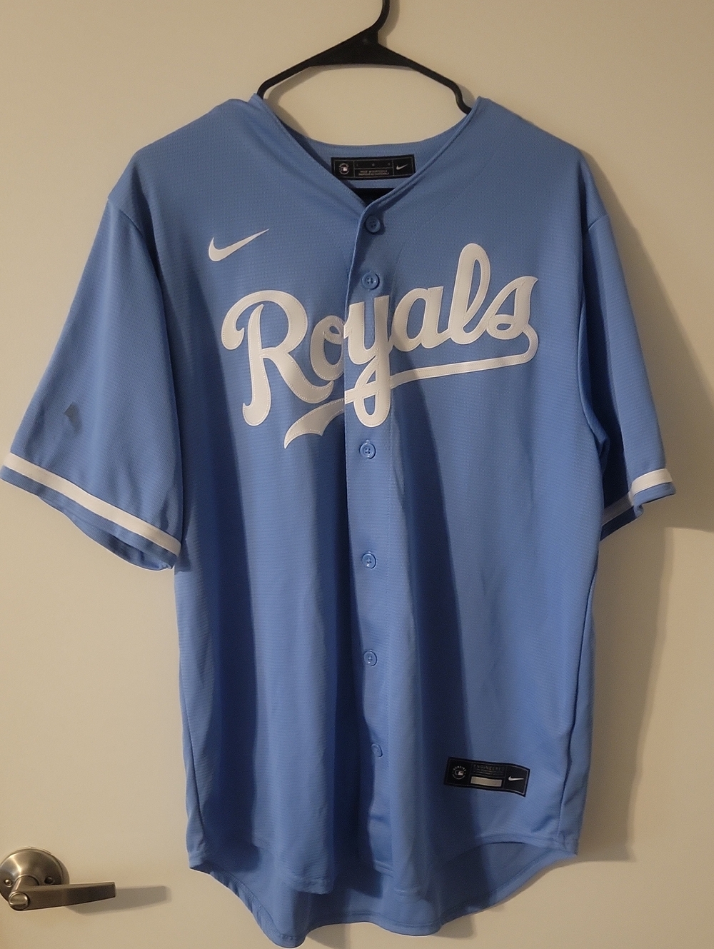 Nike Light Blue Royals Button-Up Baseball Jersey with White Script Bo Jackson